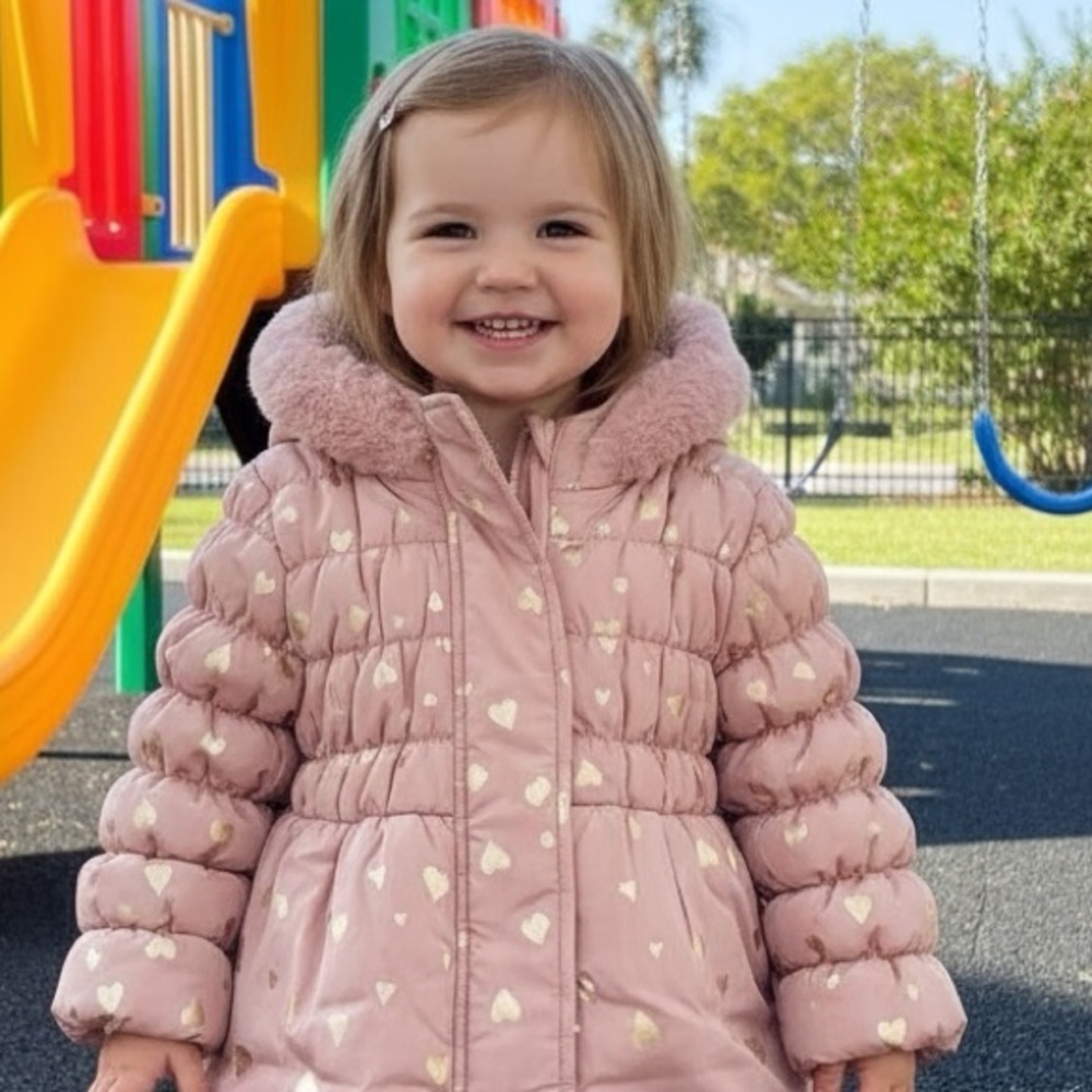 Kensie Girl Toddler Puffer Coat 18M Pink Gold Hearts Faux Fur Hood NWT